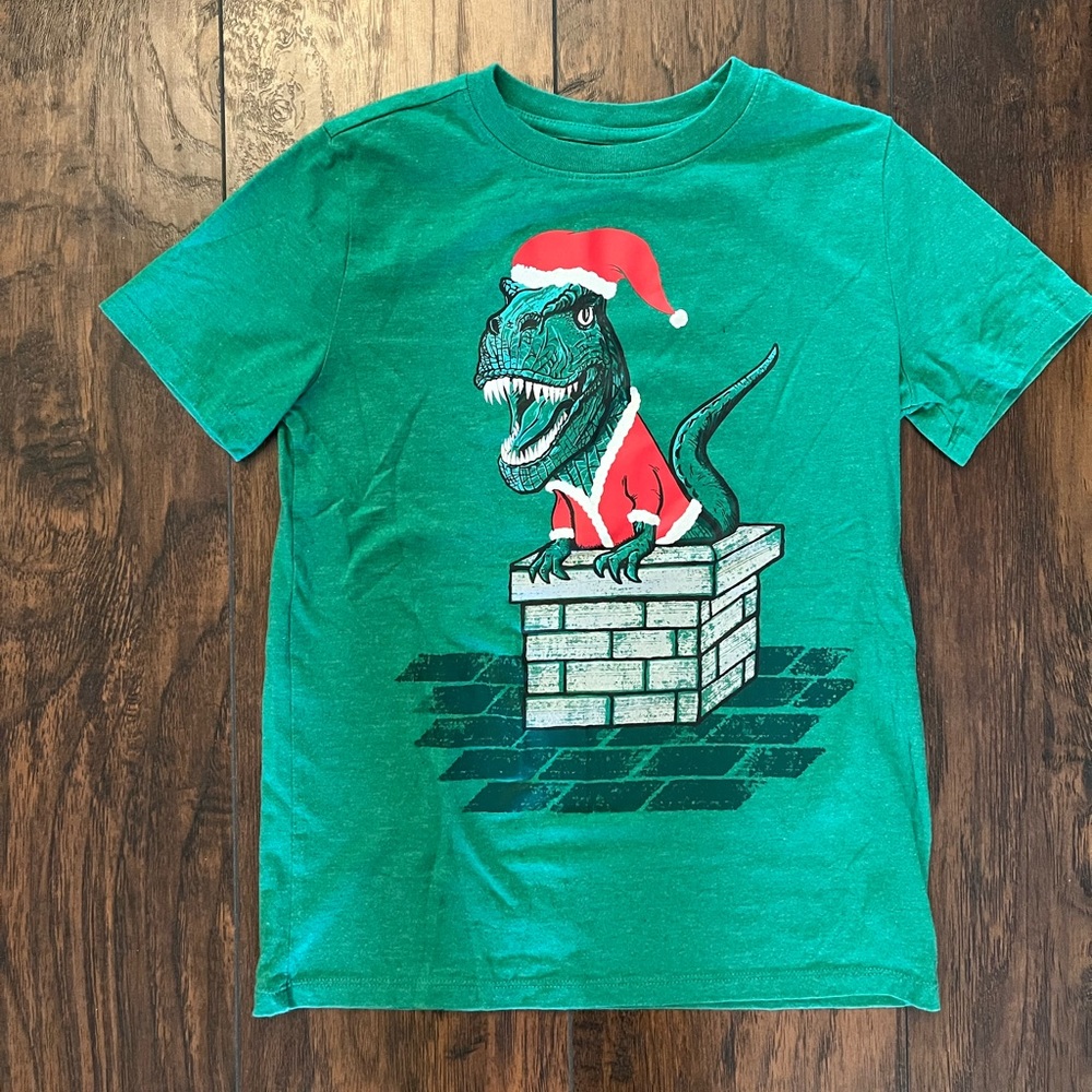 Boys Green Christmas T-Rex T-Shirt size Medium